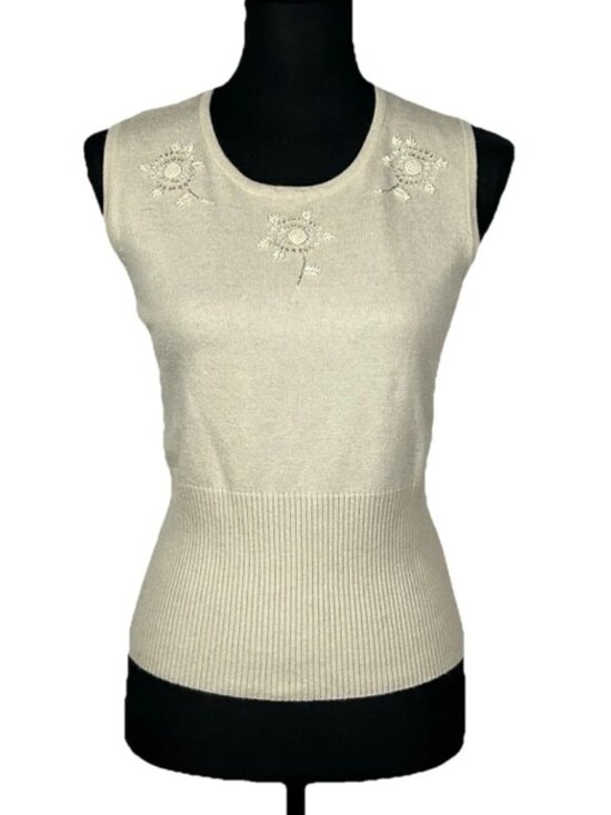 The Limited Tops - The Limited Cream Marled Beaded Tank Top Silk Cashmere Wool Whimsical Career L